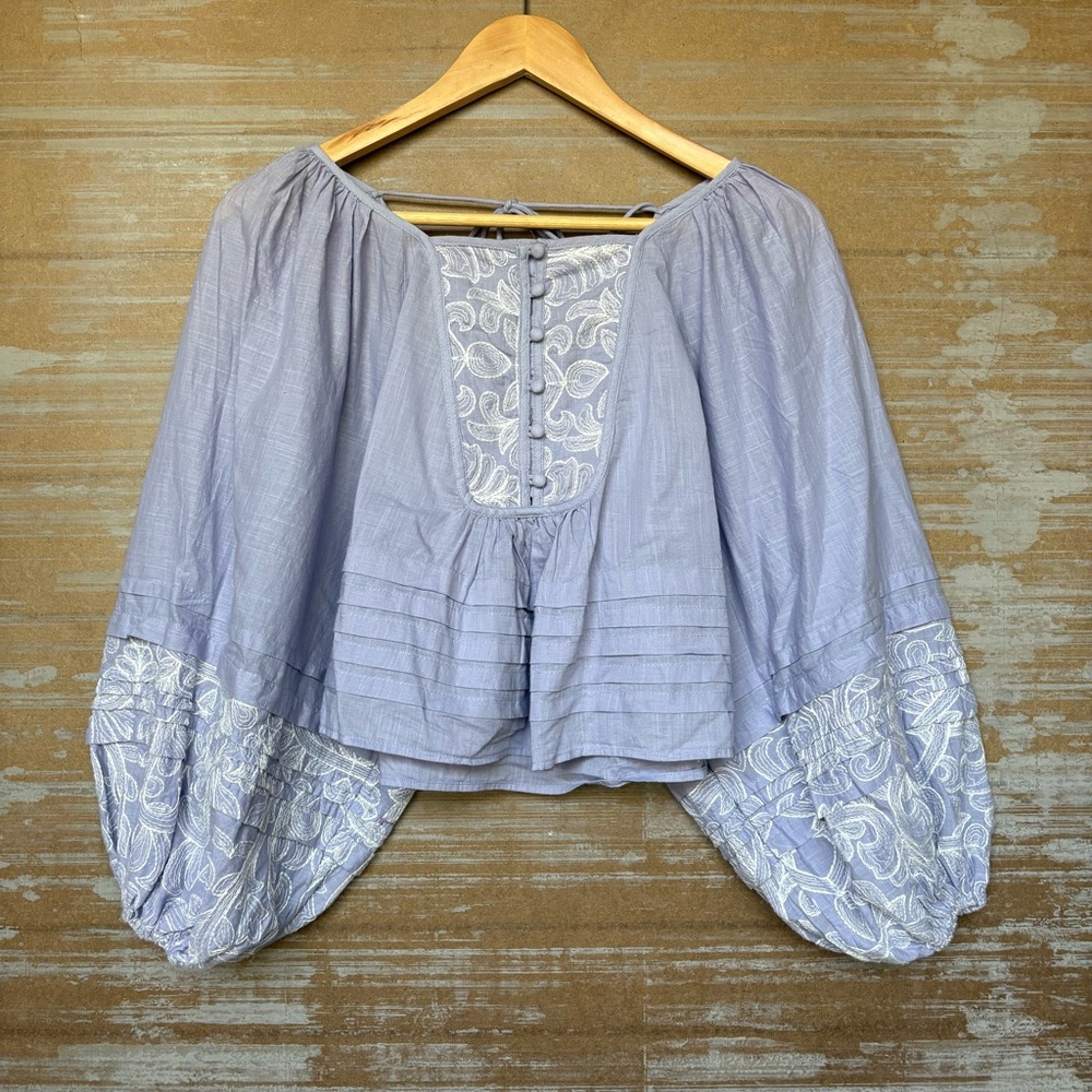 Anthropologie Embroidered Babydoll Puff Sleeve Blouse Boho Preppy Womens XXS